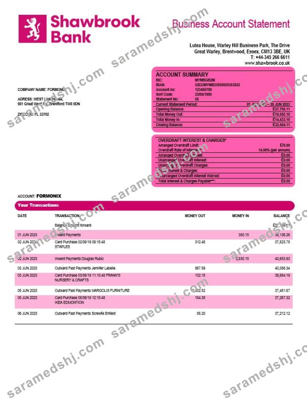 Shawbrook Group enterprise account statement Word and PDF template